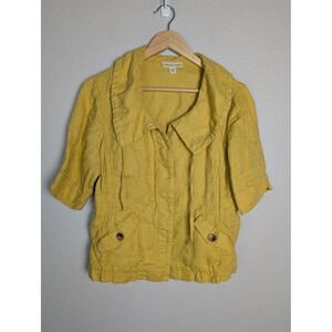 Coldwater Creek Jacket Womens 10 Yellow Linen Floral Pockets Short Sleeve